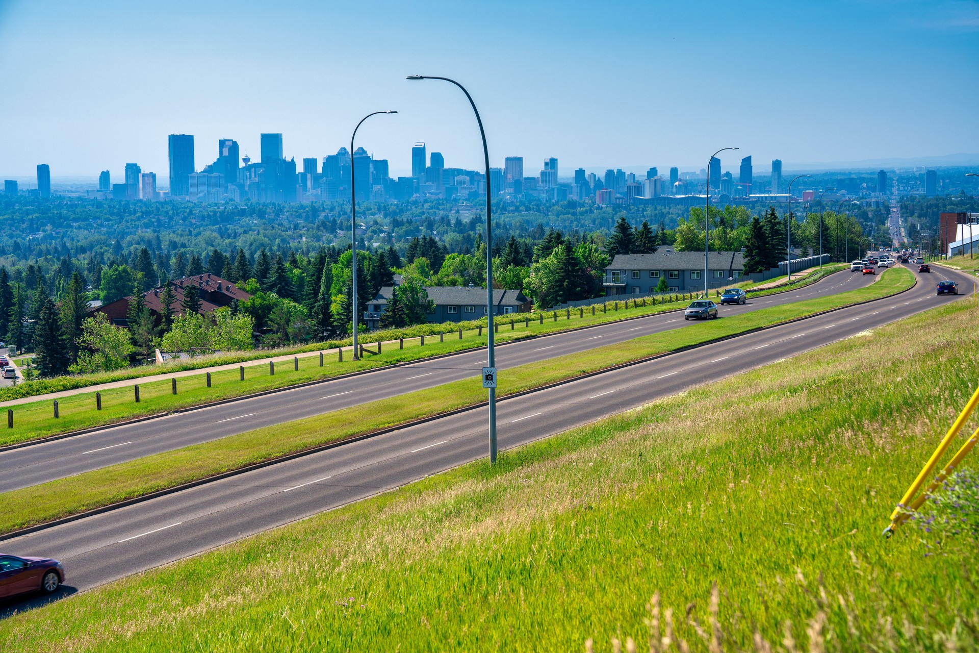 Calgary Downtown skyline from the top of a hill